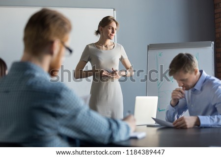 Stressed business woman leader executive in tension feels worried thinking of problem challenge at meeting, female speaker nervous about result waiting for clients decision after sales presentation Royalty-Free Stock Photo #1184389447