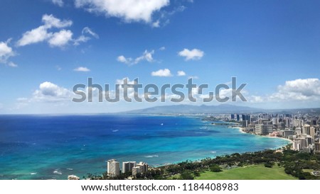 Ocean Beach Panoramic View of Diamond Head Hiking Trail Waikiki, Oahu, Honolulu, Hawaii, United States of America