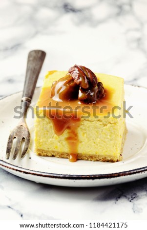Pumpkin Cheesecake with Pecan Praline Sauce