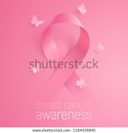 3D pink ribbon smoothly appears from a pink background. Realistic vector symbol of breast cancer awareness. Five butterflies circling around the sign. Conceptual poster with glittering effect.