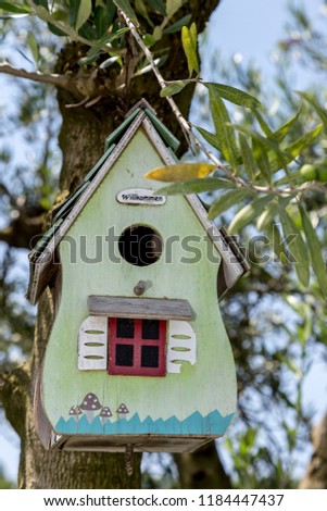 Colorful bird houses on tree trunk in forest