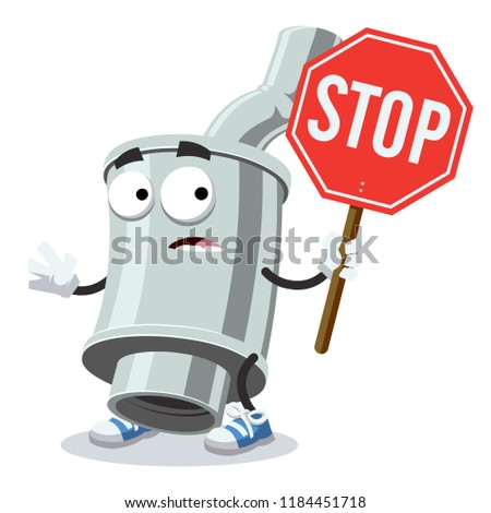 cartoon car exhaust pipe with silencer mascot with tablet stop in hand on white background