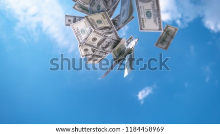 CLOSE UP: Money falling from the sky. Hundred dollar bills falling down from blue skies. Successful business bringing piles of money. Profitable job and big salary. Winning the lottery