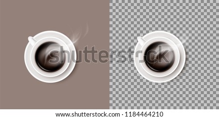 A hot steaming coffee drink in white ceramic cup or mug on round saucer. Vector realistic object isolated on transparent background.