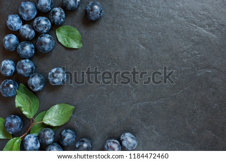 Black background with fresh ripe plums, copy space