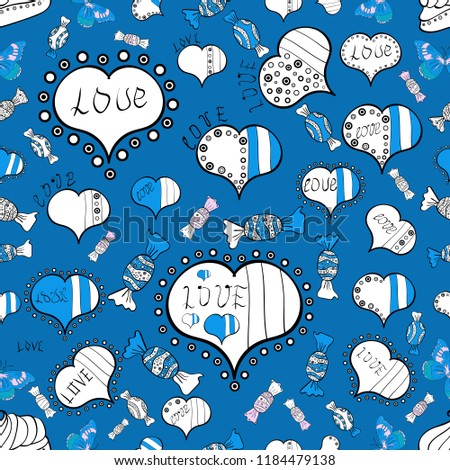 Vector illustration. Cute blue, white and black colors elements. Valentine's Day card seamless background pattern heart. Repeating texture. Seamless hearts pattern.