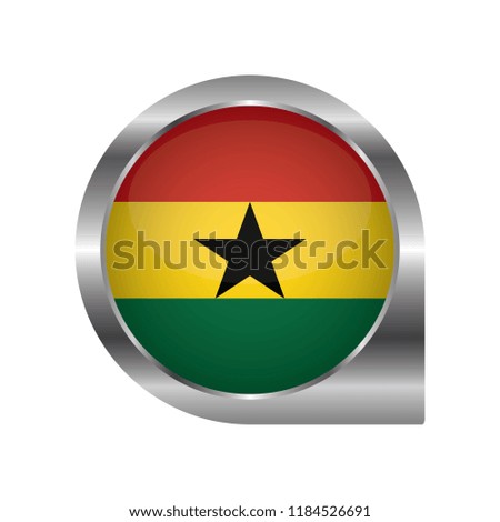 Flag of Ghana, location map pin, pointer flag, button with the reflection of light and shadow, silver frame, Icon country. Realistic vector illustration on white background.