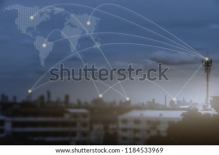 Networking connect technology abstract concept. with connecting dots with blur city business background.