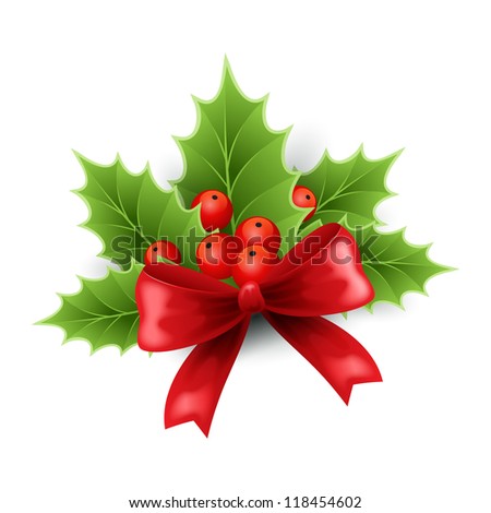 Christmas holly decoration with red ribbon 