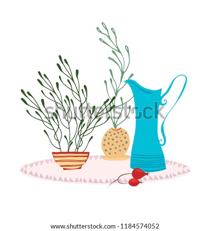 Still-life composition of house flowers, autumn grasses and berries, jug. Care of the garden, cosiness in the house. Colorful hand drawn vector stock illustration.