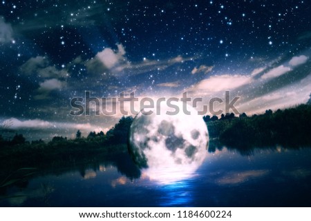 Rural forest near a river night landscape with full moon, edited photo. Elements of this image furnished by NASA