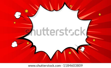 Pop art splash background, explosion on clouds beams background in comics style. Blank layout template with halftone dots pattern on red backdrop. Template for ad, covers, posters, leaflets.