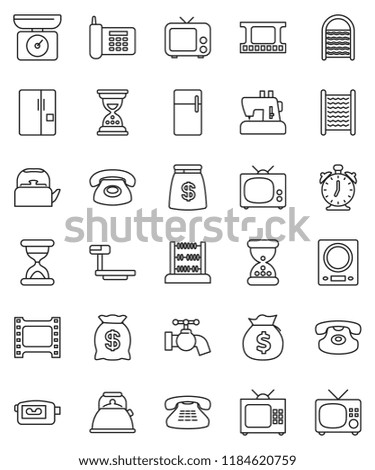 thin line vector icon set - water tap vector, washboard, kettle, alarm clock, abacus, money bag, sand, phone, big scales, film frame, tv, video camera, classic, fridge, kitchen, sewing machine