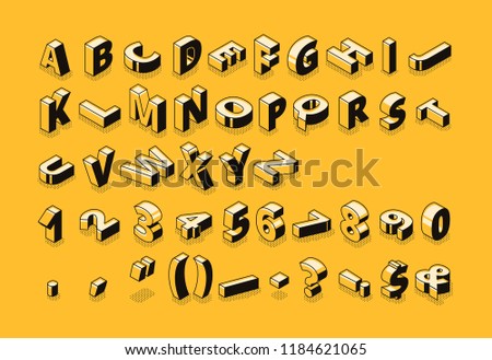 Isometric letters halftone font vector illustration of thin line cartoon abstract alphabet typography, numbers and symbols or signs in geometric shape 3D style on yellow background Royalty-Free Stock Photo #1184621065