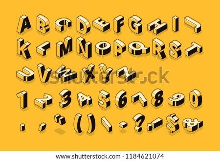 Isometric line font and halftone alphabet letters vector illustration. Abstract trend retro typography with numbers and symbols or signs in geometric 3D shape style on yellow background Royalty-Free Stock Photo #1184621074
