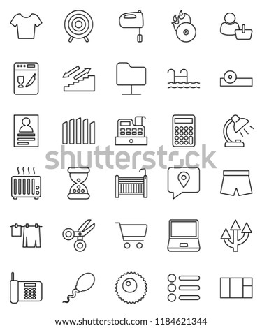 thin line vector icon set - drying clothes vector, mixer, table lamp, scissors, personal information, cart, calculator, shorts, t shirt, target, stairways run, traking, music hit, notebook pc, sperm