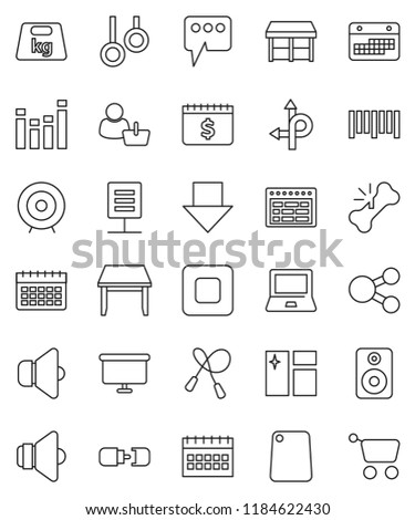 thin line vector icon set - window cleaning vector, cutting board, notebook pc, schedule, target, arrow down, presentation, dollar calendar, jump rope, gymnast rings, route, weight, barcode, speaker