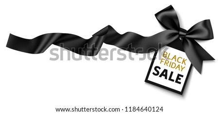 Discount tag with decorative long black ribbon and bow isolated on white background. Black Friday Sale design. Vector illustration Royalty-Free Stock Photo #1184640124