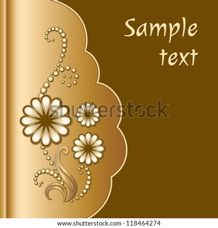 Gold scrapbook cover with jewelry flowers, decorative vector background