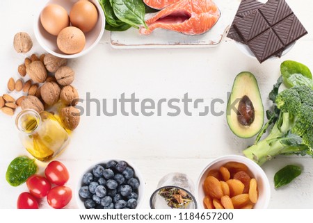 Healthy food for brain and memory. Healthy eating Concept. Top view  with copy space Royalty-Free Stock Photo #1184657200