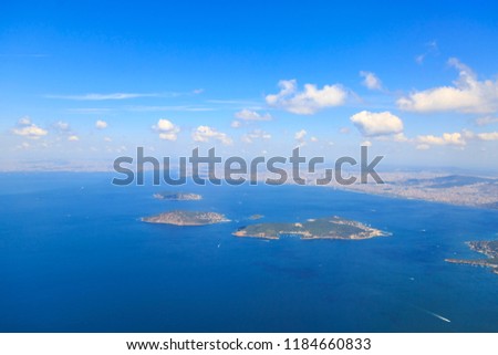 Prince islands from sky (heybeliada, burgazada, and kinaliada respectively ) from sky in Istanbul, Turkey