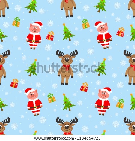 Seamless New Year pattern on a blue background. Pig in Santa Claus costume, cute deer in a red scarf, Christmas tree, snowflakes and a gift. Christmas theme. Vector illustration for children.
