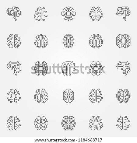 Digital Brain outline icons set. Cyberbrain and creative Smart Human Brain as digital circuit board vector concept symbols in thin line style