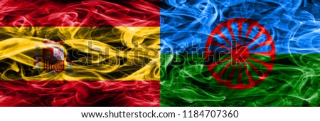 Spain vs Gipsy smoke flags placed side by side. Thick colored silky smoke flags of Spanish and Gipsy