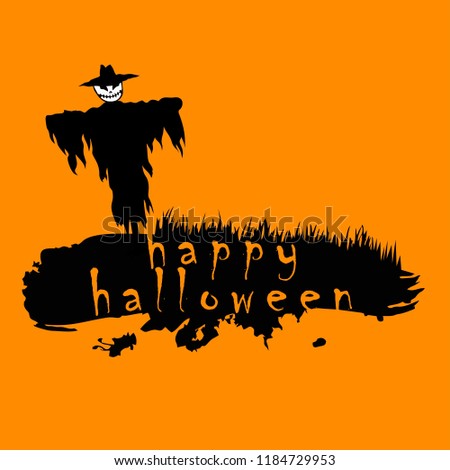 Black scarecrow isolated on orange background. Vector illustration of Halloween theme