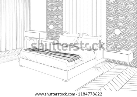 3d illustration. Sketch of modern bedroom interior