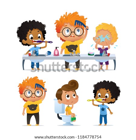 Vector Set of Illustration of cute kindergarten multiracial kids doing morning rutine. Boy Brushing his teeth. Cute kindergarten Boy combs his tousle hair. Boy on the toilet