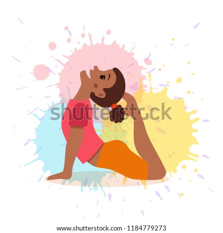 Cute cartoon gymnastics for children and healthy lifestyle sport illustration on watercolor splash background. Vector happy African kids fitness exercise and yoga asana colorful design