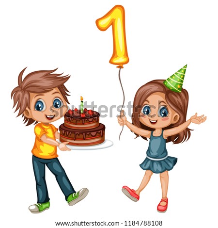 Cute Cartoon Boy Holding a Cake with Candles and Girl Holding Balloon with Number One Celebrating Birthday. Happy Birthday Party Little Kids Vector Illustration Isolated on White Background