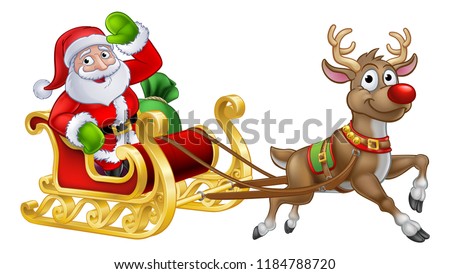 Santa Claus Christmas cartoon character riding in his sleigh pulled by a reindeer