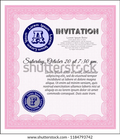 Pink Formal invitation template. With guilloche pattern. Detailed. Perfect design. 
