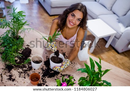 The housewife changes ground for a plant. Care for a potted plant. Work at home. Planting a flower and spring cleaning. Lovely housewife with flower in pot and gardening set