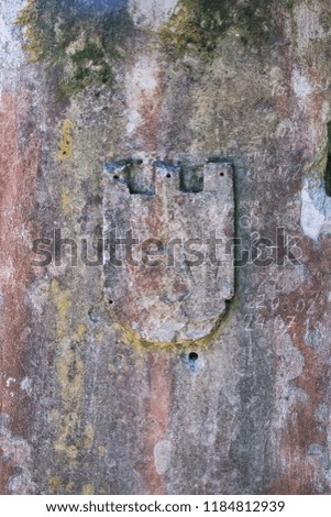 Remains, contour of the coat of arms, shield on the old stone wall