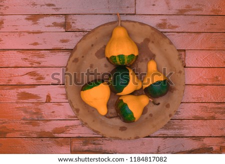 Halloween, decorative pumpkin on a wooden orange table