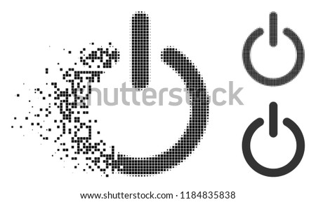 Turn off icon in dissolved, dotted halftone and entire versions. Particles are organized into vector disappearing turn off shape. Disintegration effect involves rectangle scintillas. Royalty-Free Stock Photo #1184835838
