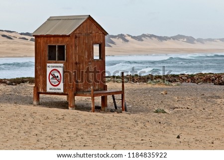 A wooden lifesaving hut on a beach in Port Alfred, South Africa. 