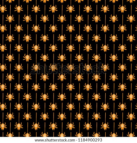 Seamless vector pattern with orange spiders on black background. Seamless background for halloween. Good for packaging design, halloween packaging paper, thematical background