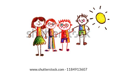 Happy mom and dad with son and daughter Children illustration with happy couple, kids, parents