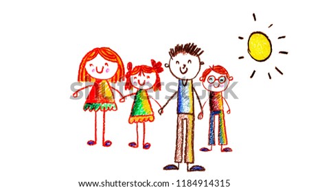 Kids drawing Happy family holding Mother, father, sister, brother Happy mom and dad with son and daughter Children illustration with happy couple, kids, parents