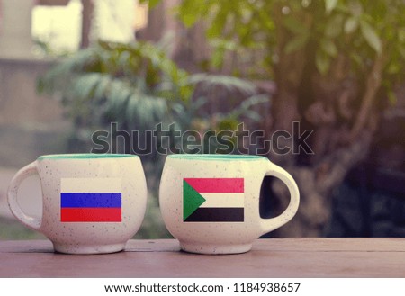Russia and Sudan Flag on two tea cups with blurry background