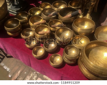 Stacked singing bowl selling along the street of Thamel