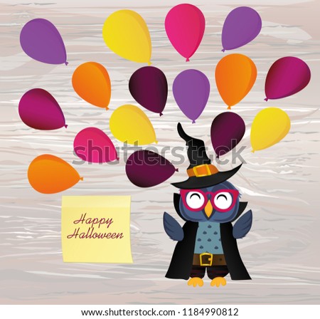 Halloween. The owl in the suit throws a lot of traditional balloons into the air. Greeting card for holiday. Copy space for your text. Vector on wooden back.  Yellow sheet of paper for notes. Sticker