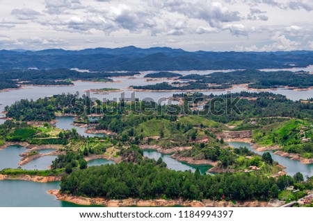 Archipelago of islands, a result from a hydroelectric dam, seen from the Rock of Penol at Guatape, Antioquia, near Medellin, Colombia.