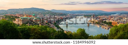 Panoramic view from above on landmarks of Budapest at summer sunset, Hungary Royalty-Free Stock Photo #1184996092