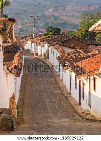 Barichara, Colombia, Santander, colonial street with white historic buildings