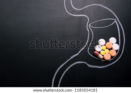 Health care and medicine. Taking medication and absorption of antibiotics in patients. Copy space. Royalty-Free Stock Photo #1185054181